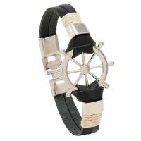 Bracelet de cuir de vachette, cuir de peau de vache, avec alliage de zinc, roue de bateau, Placage de couleur argentée, bijoux de mode & pour homme, noire, 10mm, Longueur 20.5 cm, Vendu par PC