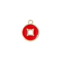 Messing hangers, Rond plat, gold plated, glazuur & hol, rood, 9x11mm, Verkocht door PC