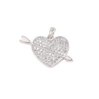 Terningformet Zirkon Micro Pave Messing vedhæng, Heart, platin farve forgyldt, Micro Pave cubic zirconia, 15x23mm, Solgt af PC