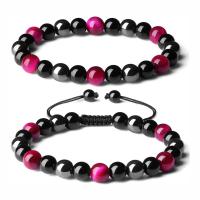 Bracelets de pierres précieuses, hématite non magnétique, avec cordon de polyester & oeil de tigre, Rond, 2 pièces & unisexe, plus de couleurs à choisir, 8mm, Longueur 7.09 pouce, Vendu par PC