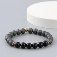 Niet-magnetische Hematiet Armband, met Black Stone & Messing, Ronde, gold plated, elastische & voor de mens, gemengde kleuren, 8mm, Lengte 18-20 cm, Verkocht door PC