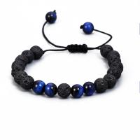 lave volcanique bracelet, avec cordon de polyester & oeil de tigre, Rond, réglable & pour homme, couleurs mélangées, 8mm, Longueur 17-23 cm, Vendu par PC