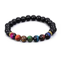 pierre noire bracelet, avec oeil de tigre & alliage de zinc, Rond, Placage de couleur d'or, élastique & pour homme, couleurs mélangées, 8mm, Longueur 18-20 cm, Vendu par PC