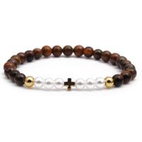 Tiger Eye Armband, met Plastic Pearl & Messing, gold plated, elastische & verschillende stijlen voor de keuze, gemengde kleuren, Lengte 7.48 inch, Verkocht door PC