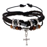 PU leder koord armbanden, met Hennep & Hout & Copper Coated Plastic & Zinc Alloy, met 8-9cm*2 extender keten, Oversteken, plated, Dubbele laag & Verstelbare & mode sieraden, meer kleuren voor de keuze, Lengte Ca 17-18 cm, Verkocht door PC