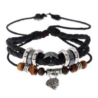 PU leder koord armbanden, met Hennep & Hout & Copper Coated Plastic & Zinc Alloy, met 8-9cm*2 extender keten, Blad, plated, Verstelbare & mode sieraden & multilayer, meer kleuren voor de keuze, Lengte Ca 17-18 cm, Verkocht door PC