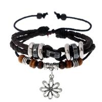 PU leder koord armbanden, met Hennep & Hout & Copper Coated Plastic & Zinc Alloy, met 8-9cm*2 extender keten, Bloem, plated, Verstelbare & mode sieraden & multilayer, meer kleuren voor de keuze, Lengte Ca 17-18 cm, Verkocht door PC