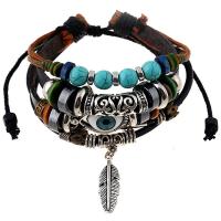 Pulseira de couro, corda de Couro de vaca, with turquesa & Cânhamo & liga de zinco, with 9-10cmX2 extender chain, Forma de pena, banhado, Ajustável & joias de moda & multicamada, cores misturadas, comprimento Aprox 17 cm, vendido por PC