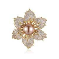 Zinc Alloy Brocher, med Plastic Pearl, Flower, guldfarve belagt, for kvinde & med rhinestone, flere farver til valg, nikkel, bly & cadmium fri, 45mm, Solgt af PC