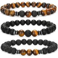 Gemstone Bracelets Tiger Eye with Abrazine Stone & Lava & Non Magnetic Hematite Round handmade elastic & Unisex 8mm Length 7.5 Inch Sold By PC