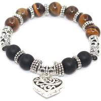 Gemstone Armbånd, Tiger Eye, med Abrazine Stone & Zinc Alloy, Heart, sølvfarvet forgyldt, elastisk & Unisex, blandede farver, 10mm, Længde 7.3 inch, Solgt af PC