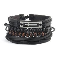 Rundsleder armbanden, Koeienhuid, met Hout & Zinc Alloy, met 8-9cmX2 extender keten, Oversteken, silver plated, 4 stuks & mode sieraden, zwart, Lengte 17-18 cm, Verkocht door Stel