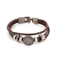 Pulseira de couro, corda de Couro de vaca, with liga de zinco, banho de cor prata antiga, joias de moda & para o homem, marrom, 6mm, comprimento Aprox 21 cm, vendido por PC