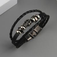 PU Schnur Armbänder, PU Leder, mit Zinklegierung, Schädel, antik silberfarben plattiert, Modeschmuck & mehrschichtig & für den Menschen, schwarz, Länge 21 cm, verkauft von PC