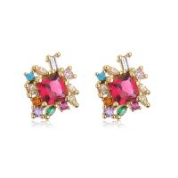 Boucles d'oreilles en laiton zircon cubique pavent, Plaqué or 18K, pavé de micro zircon & pour femme, multicolore, 14x16mm, Vendu par paire