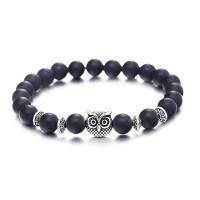 Abrazine Stone Armbånd, med Zinc Alloy, Owl, sølvfarvet forgyldt, elastisk & Unisex, sort, 8mm, Længde 7.5 inch, Solgt af PC