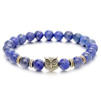 Bracelets de lapis-lazuli naturel, Lapis lazuli, avec alliage de zinc, hibou, Placage de couleur d'or, élastique & unisexe, bleu, 8mm, Longueur 7.5 pouce, Vendu par PC