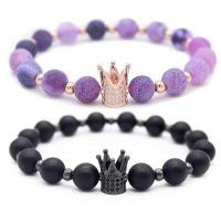 Effloresce Agate Armbånd, med Black Stone & Messing, Crown, forgyldt, elastisk & Unisex & forskellige stilarter for valg & Micro Pave cubic zirconia, flere farver til valg, 8mm, Længde 7.5 inch, Solgt af PC