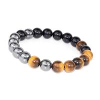 Pulseras de piedras preciosas, Ojo de tigre, con Piedra Negra & Hematita no magnética, Esférico, elástico & unisexo, color mixto, 10mm, longitud 8 Inch, Vendido por UD