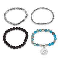 Edelstein Armbänder, Non- magnetische Hämatit, mit Lava & Impression Jaspis & Zinklegierung, rund, silberfarben plattiert, 4 Stück & unisex, gemischte Farben, Länge 7.5 ZollInch, 4PCs/setzen, verkauft von setzen