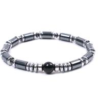 Pulseras de piedras preciosas, Hematita no magnética, con Piedra Negra & aleación de zinc, chapado en color de plata, elástico & unisexo, longitud 7.5 Inch, Vendido por UD