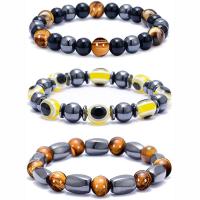 Gemstone Bracelets Non Magnetic Hematite with Tiger Eye & Black Stone & Resin handmade three pieces & elastic & Unisex mixed colors Length 7.5 Inch Sold By Set