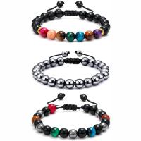 Gemstone Armbånd, Ikke-magnetisk hæmatit, med Terylene Cord & Tiger Eye & Black Stone & Zinc Alloy, Runde, guldfarve belagt, Unisex & justerbar, flere farver til valg, 8mm, Længde 7.5 inch, Solgt af PC