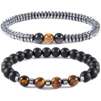 ädelsten armband, Icke-magnetisk hematit, med Abrazine Stone & Tiger Eye, Rund, handgjord, 2 stycken & elastisk & Unisex, Längd 7.4 inch, 2PC/Ställ, Säljs av Ställ