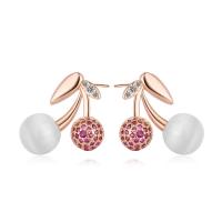 Boucles d'oreilles en laiton zircon cubique pavent, avec Oeil de chat, cerise, Plaqué de couleur d'or rose, pavé de micro zircon & pour femme, 8x18mm, Vendu par paire