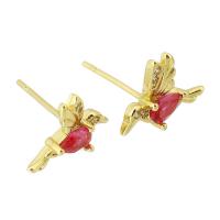 Boucles d'oreilles en laiton zircon cubique pavent, oiseau, Placage de couleur d'or, bijoux de mode & pavé de micro zircon & pour femme, rouge, 13x10mm, Trou:Environ 3.5mm, 10pairescouple/lot, Vendu par lot