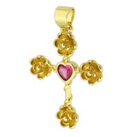 Pendentifs en laiton zircon cubique (CZ), croix, Placage de couleur d'or, bijoux de mode & DIY & pavé de micro zircon & pour femme, rouge, 18x25x3mm, Trou:Environ 3mm, 10PC/lot, Vendu par lot