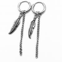 Huggie Hoop Drop Earring 316 Stainless Steel Feather vintage & Unisex & blacken 58mm Sold By Pair