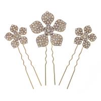 Hår Stick, Zink Alloy, Blomma, guldfärg pläterade, tre stycken & för kvinna & med strass, gyllene, nickel, bly och kadmium gratis, 95x45mm, 3PC/Bag, Säljs av Bag