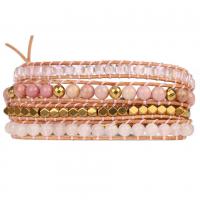 Pulsera Wrap, cuarzo rosado, con cordón de cuero & Piedra con vena & aleación de zinc, multicapa & para mujer, longitud aproximado 31.89 Inch, Vendido por UD