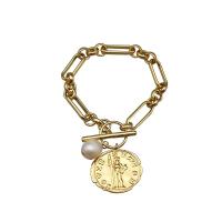 Brass Bracelet & Bangle with Freshwater Pearl gold color plated & for woman 190mm Sold By PC