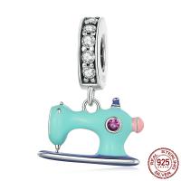 925 Sterling Zilver European hanger, Naaimachine, oxydatie, epoxy sticker & met strass, blauw, 13x18mm, Verkocht door PC