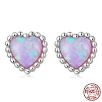 925 Sterling Sølv Stud Earring, med opal, Heart, platin farve forgyldt, for kvinde, lyserød, 5x5mm, Solgt af par