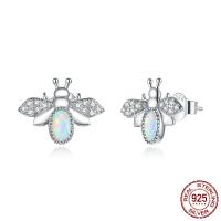 925 Sterling Zilver Stud Earring, Honingbij, platinum plated, voor vrouw & met strass, 11x14mm, Verkocht door pair