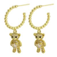 Boucles d'oreilles en laiton zircon cubique pavent, ours, Placage de couleur d'or, bijoux de mode & pavé de micro zircon & pour femme, doré, 40mm, 10pairescouple/lot, Vendu par lot