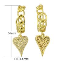 Boucles d'oreilles en laiton zircon cubique pavent, coeur, Placage de couleur d'or, bijoux de mode & pavé de micro zircon & pour femme, doré, 36mm, 10pairescouple/lot, Vendu par lot