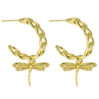 Boucles d'oreilles en laiton zircon cubique pavent, libellule, Placage de couleur d'or, bijoux de mode & pavé de micro zircon & pour femme, doré, 38mm, 10pairescouple/lot, Vendu par lot