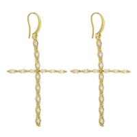 Boucles d'oreilles en laiton zircon cubique pavent, croix, Placage de couleur d'or, bijoux de mode & pavé de micro zircon & pour femme, doré, 66x40mm, 10pairescouple/lot, Vendu par lot