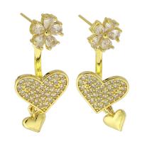 Boucles d'oreilles en laiton zircon cubique pavent, coeur, Placage de couleur d'or, bijoux de mode & pavé de micro zircon & pour femme, doré, 34mm, 10pairescouple/lot, Vendu par lot