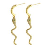 Boucles d'oreilles en laiton zircon cubique pavent, serpent, Placage de couleur d'or, bijoux de mode & pavé de micro zircon & pour femme, doré, 48mm, 10pairescouple/lot, Vendu par lot