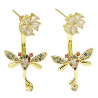 Boucles d'oreilles en laiton zircon cubique pavent, libellule, Placage de couleur d'or, bijoux de mode & pavé de micro zircon & pour femme, multicolore, 34mm, 10pairescouple/lot, Vendu par lot