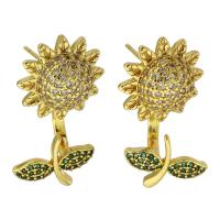 Boucles d'oreilles en laiton zircon cubique pavent, Tournesol, Placage de couleur d'or, bijoux de mode & pavé de micro zircon & pour femme, multicolore, 24mm, 10pairescouple/lot, Vendu par lot