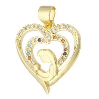 Cubique Pendentif en laiton zircon pavent, coeur, Placage de couleur d'or, bijoux de mode & pavé de micro zircon & pour femme, multicolore, 17.50x18.50x3mm, Trou:Environ 3mm, 10PC/lot, Vendu par lot