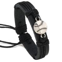 PU cavo bracciali, with Canapa & lega in zinco, with 8-9cm extender chain, Baseball, lavorare a maglia, Regolabile & gioielli di moda & per l'uomo, nero, 12mm, Lunghezza 17-18 cm, Venduto da PC