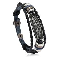 PU Cord Armband, med Split lager oxläder & Trä & Järn & Zink Alloy, Feather, plated, Justerbar & mode smycken & för människan, blandade färger, 6mm, Längd 22 cm, Säljs av PC