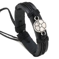 Bracelets cordon PU, cuir PU, avec Chanvre & alliage de zinc, avec 8-9cm chaînes de rallonge, Football, tricoter, Réglable & bijoux de mode & pour homme, noire, 12mm, Longueur 17-18 cm, Vendu par PC